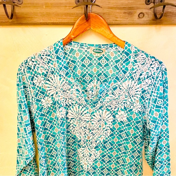 🪶3/$50 DOLMA Teal & White Mosaic Hand Embroidered L/S Blouse-L - Picture 7 of 16